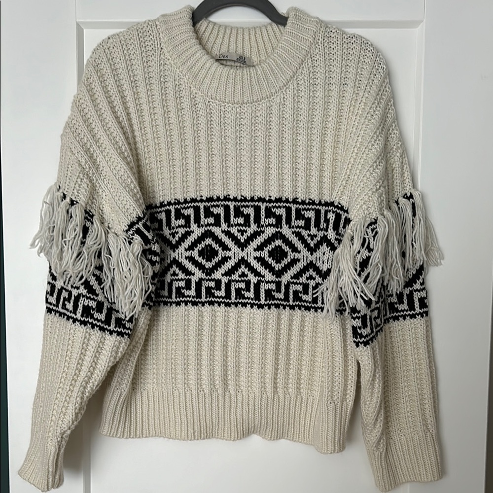 Cream and Black Patterned Sweater with Fringe Sleeves